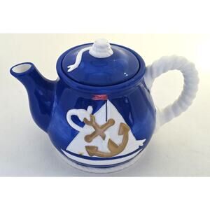 Lefton Nautical Teapot Blue Rope Handle Ship Wheel Anchor 1998 Ceramic
